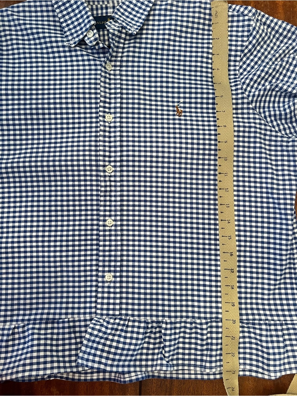 Upcycled Men’s Ralph Lauren Navy & White Gingham Ruffle Hem Button-Down Shirt - Picture 4 of 4